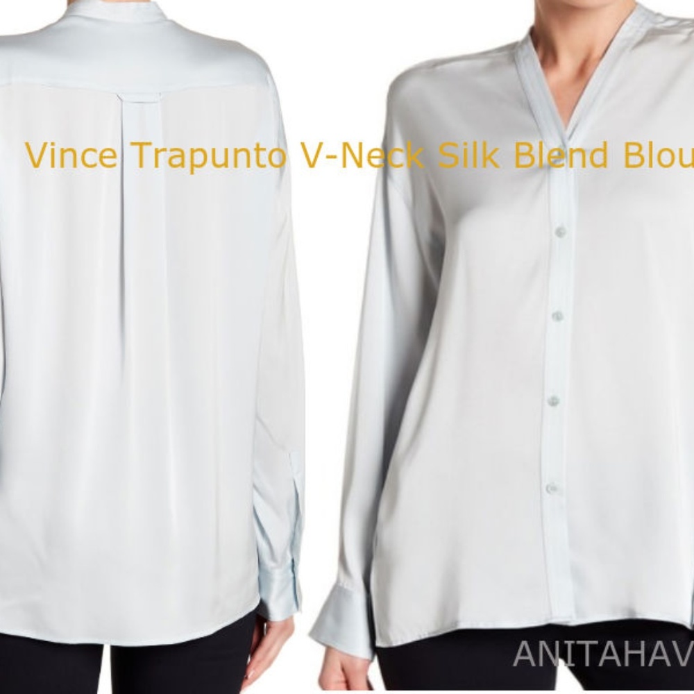 VINCE Trapunto V-Neck Silk Blend Blouse